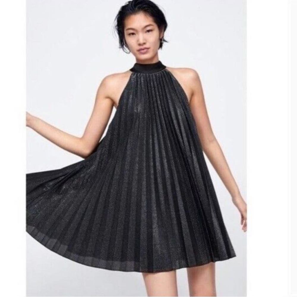 Zara Black Metallic Halter Pleated Mini Dress